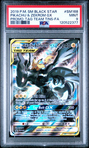 PSA 9 - PIKACHU & ZEKROM GX PROMO-TAG TEAM TINS-FA 2019 POKEMON SM BLACK STAR PROMO
