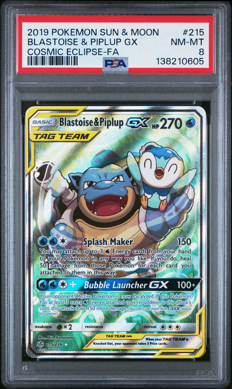 PSA 8 - BLASTOISE & PIPLUP GX COSMIC ECLIPSE-FA 2019 POKEMON SUN & MOON COSMIC ECLIPSE