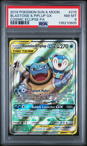 PSA 8 - BLASTOISE & PIPLUP GX COSMIC ECLIPSE-FA 2019 POKEMON SUN & MOON COSMIC ECLIPSE