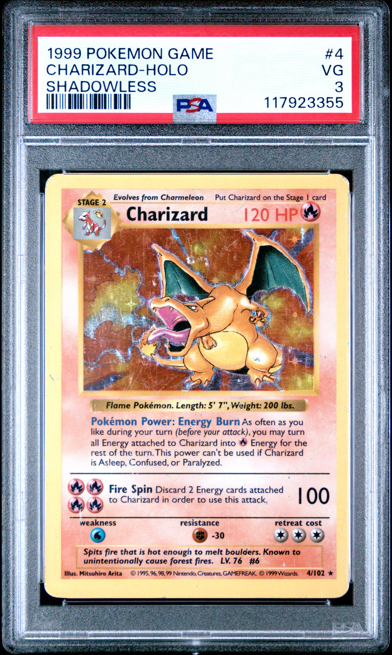 PSA 3 CHARIZARD-HOLO SHADOWLESS 1999 POKEMON GAME