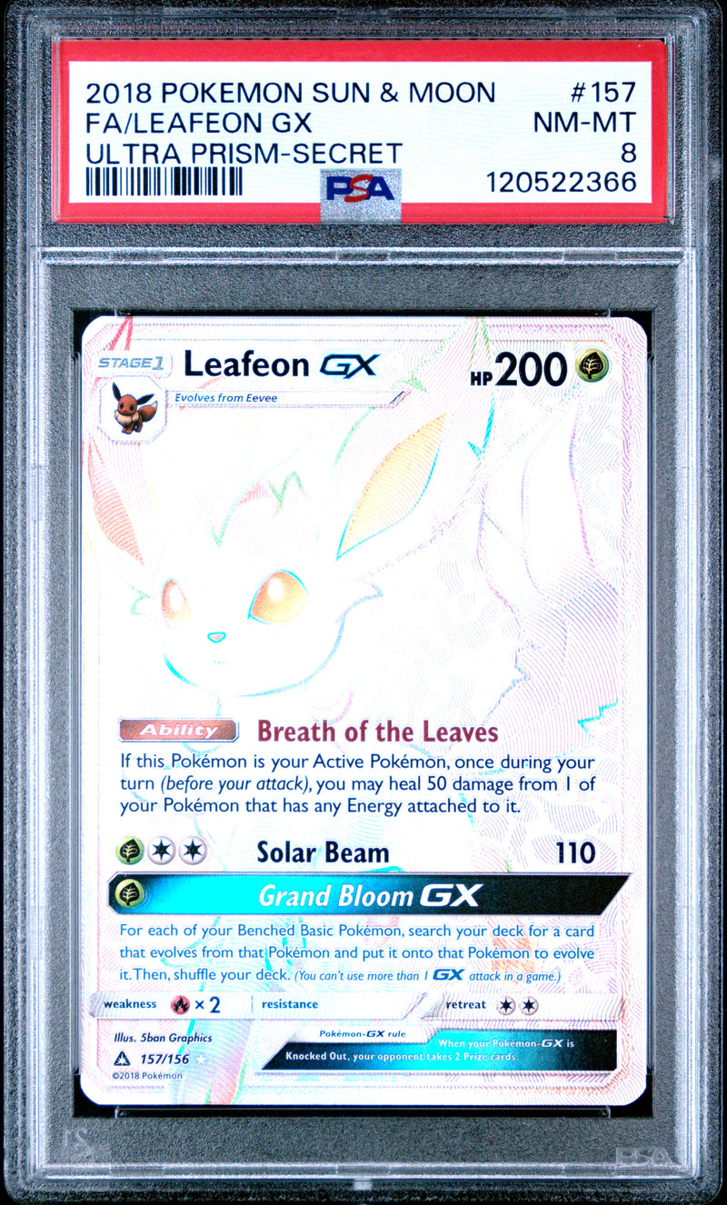 PSA 8 - FA/LEAFEON GX ULTRA PRISM-SECRET 2018 POKEMON SUN & MOON ULTRA PRISM