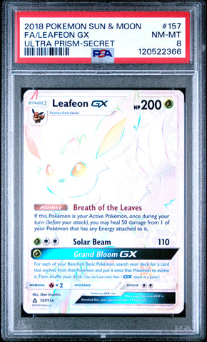 PSA 8 - FA/LEAFEON GX ULTRA PRISM-SECRET 2018 POKEMON SUN & MOON ULTRA PRISM