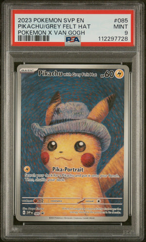PIKACHU/GREY FELT HAT POKEMON X VAN GOGH 2023 POKEMON SVP EN-SCARLET & VIOLET BLACK STAR PROMOS PSA MINT 9